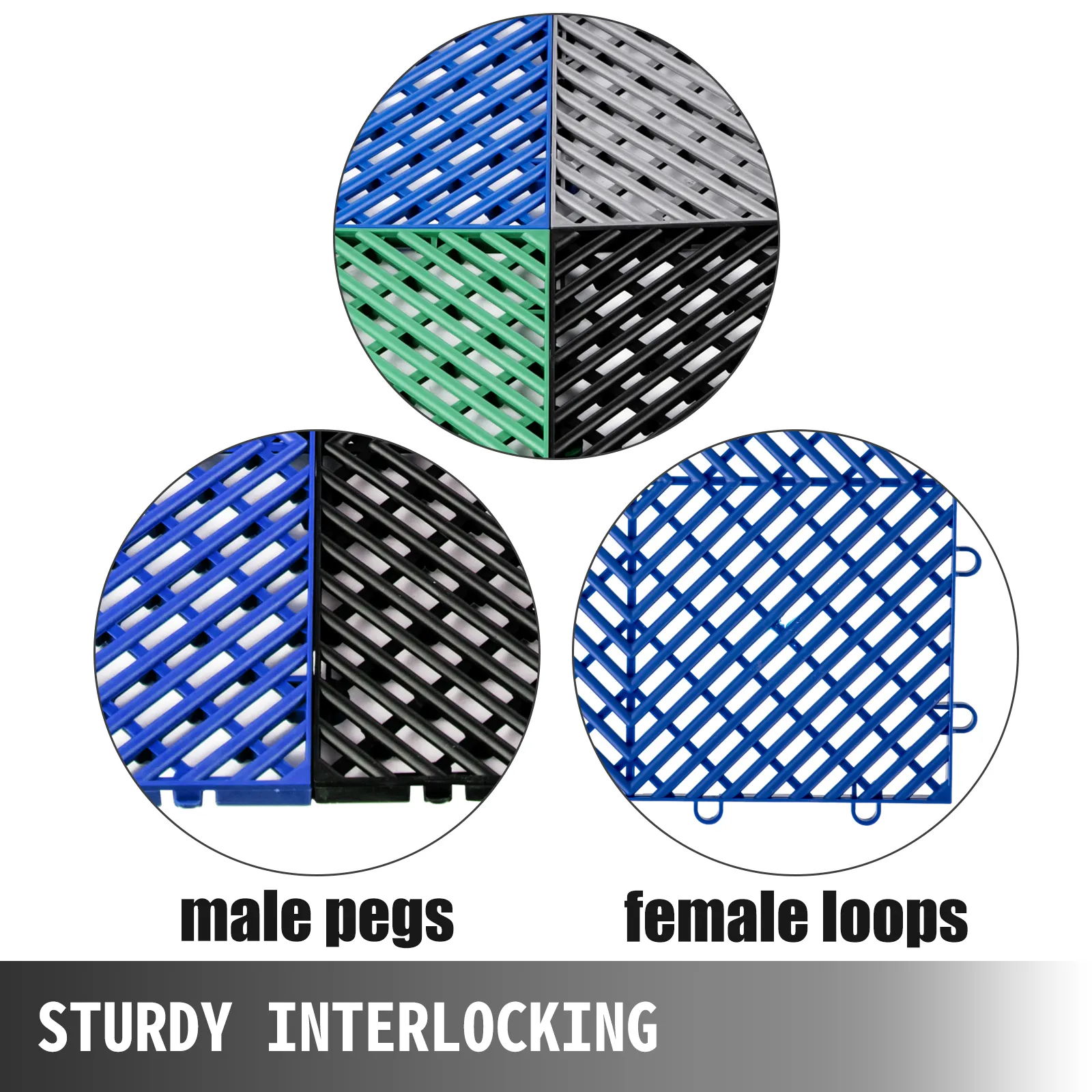 VEVOR rubber tiles in various colors, showcasing sturdy interlocking with male pegs and female loops.