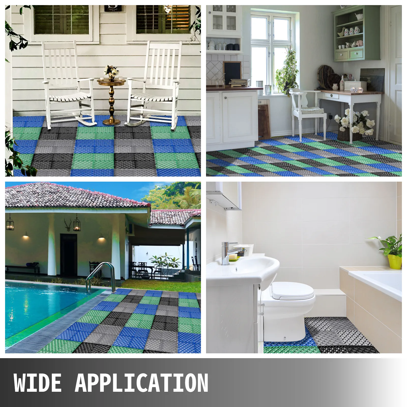 Azulejos de cubierta VEVOR en azul, verde y gris utilizados en varios espacios interiores y exteriores.
