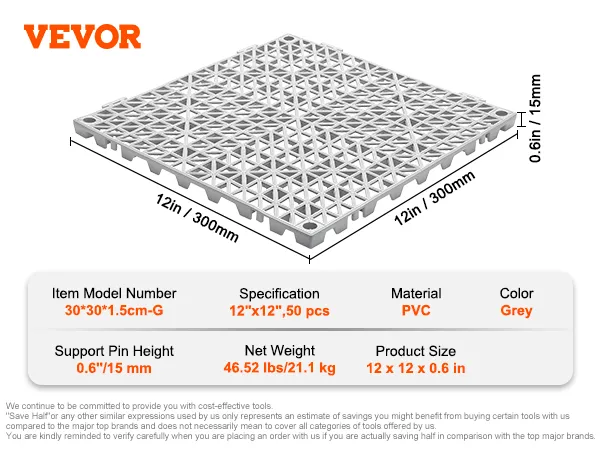 VEVOR deck tiles specifications: 12" x 12" pvc, grey, 0.6" height, 50 pieces.