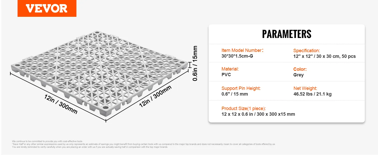 VEVOR deck tiles specifications: 12" x 12" pvc, grey, 0.6" height, 50 pieces.