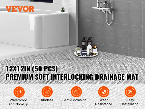 VEVOR interlocking drainage mat in a clean bathroom setting with toiletries.