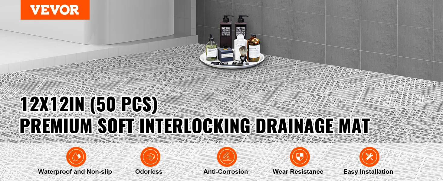VEVOR interlocking drainage mat in a clean bathroom setting with toiletries.