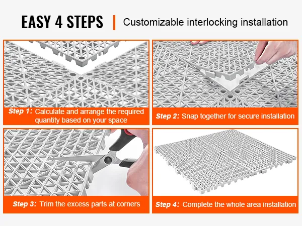 easy installation instructions for VEVOR deck tiles in four simple steps.