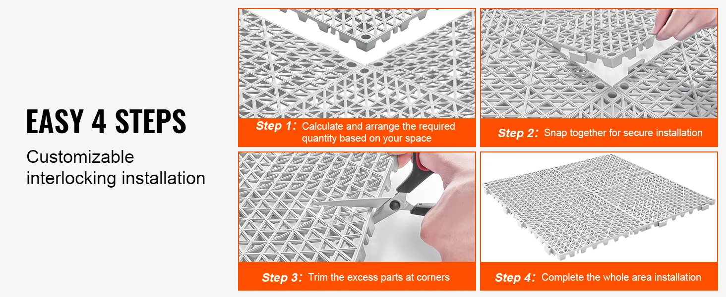 easy installation instructions for VEVOR deck tiles in four simple steps.