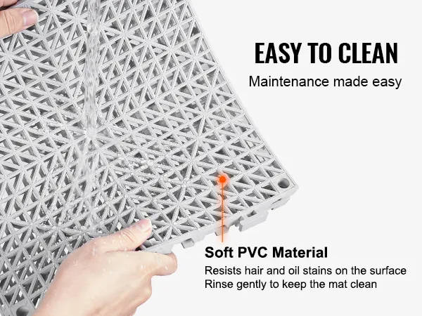 hand rinsing a gray pvc mat with water; easy to clean text emphasizes low maintenance. VEVOR deck tiles.