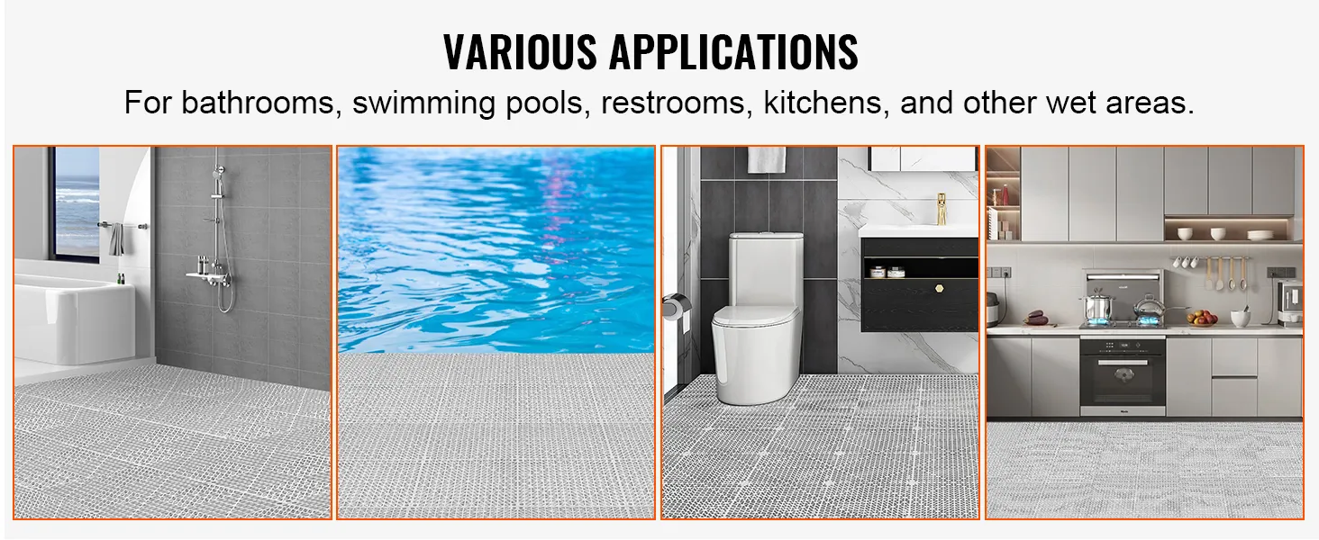 VEVOR deck tiles in bathrooms, swimming pools, kitchens, and restrooms.