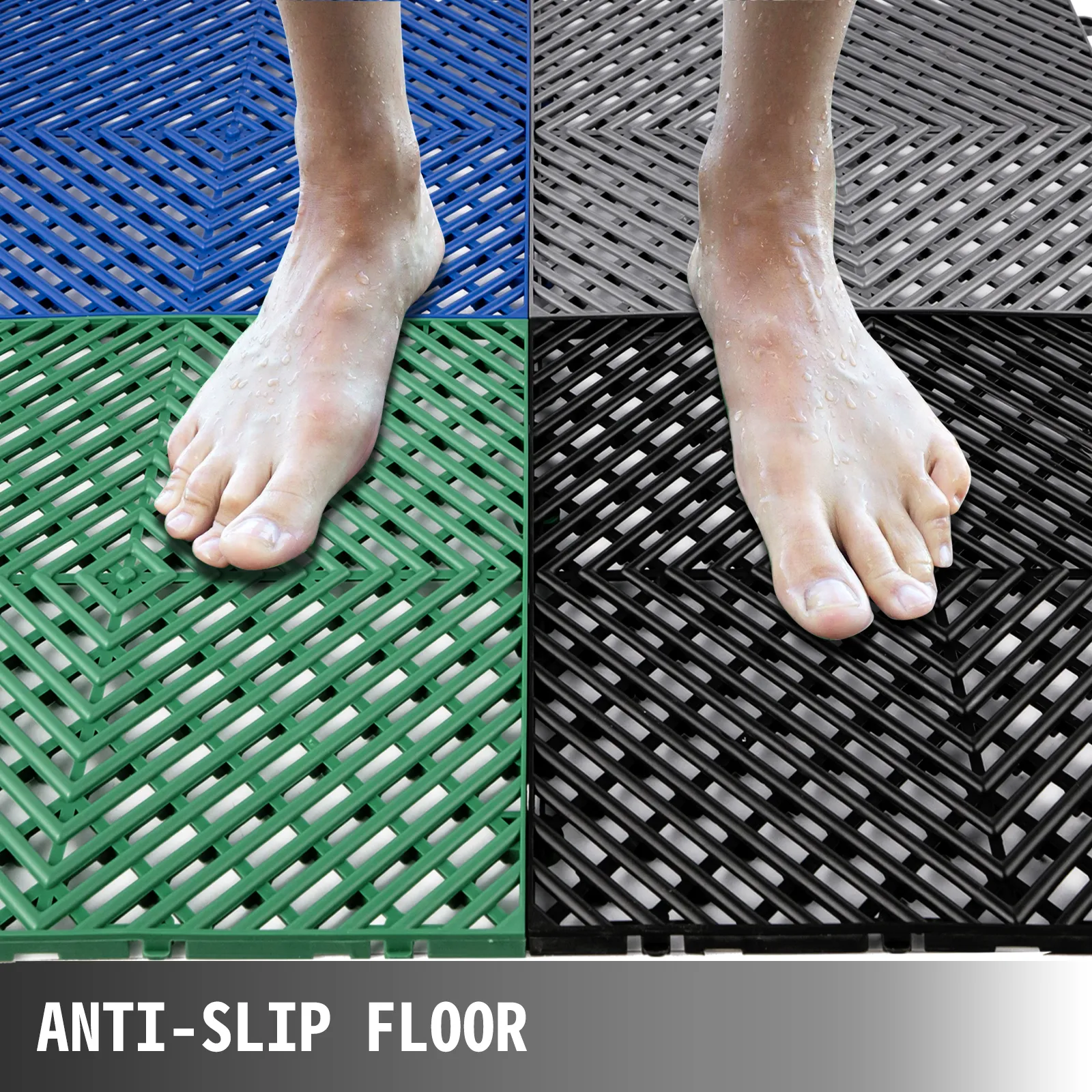 pies sobre baldosas de drenaje VEVOR en azul, verde, negro y gris; texto de suelo antideslizante.