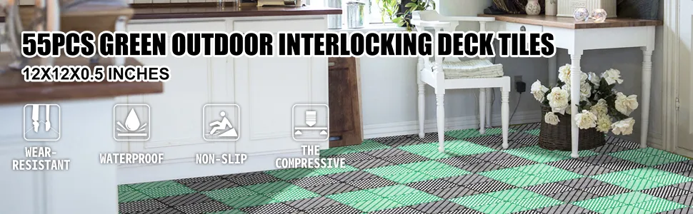 Azulejos de terraza entrelazados VEVOR en cocina, verde y gris, con 55 piezas.