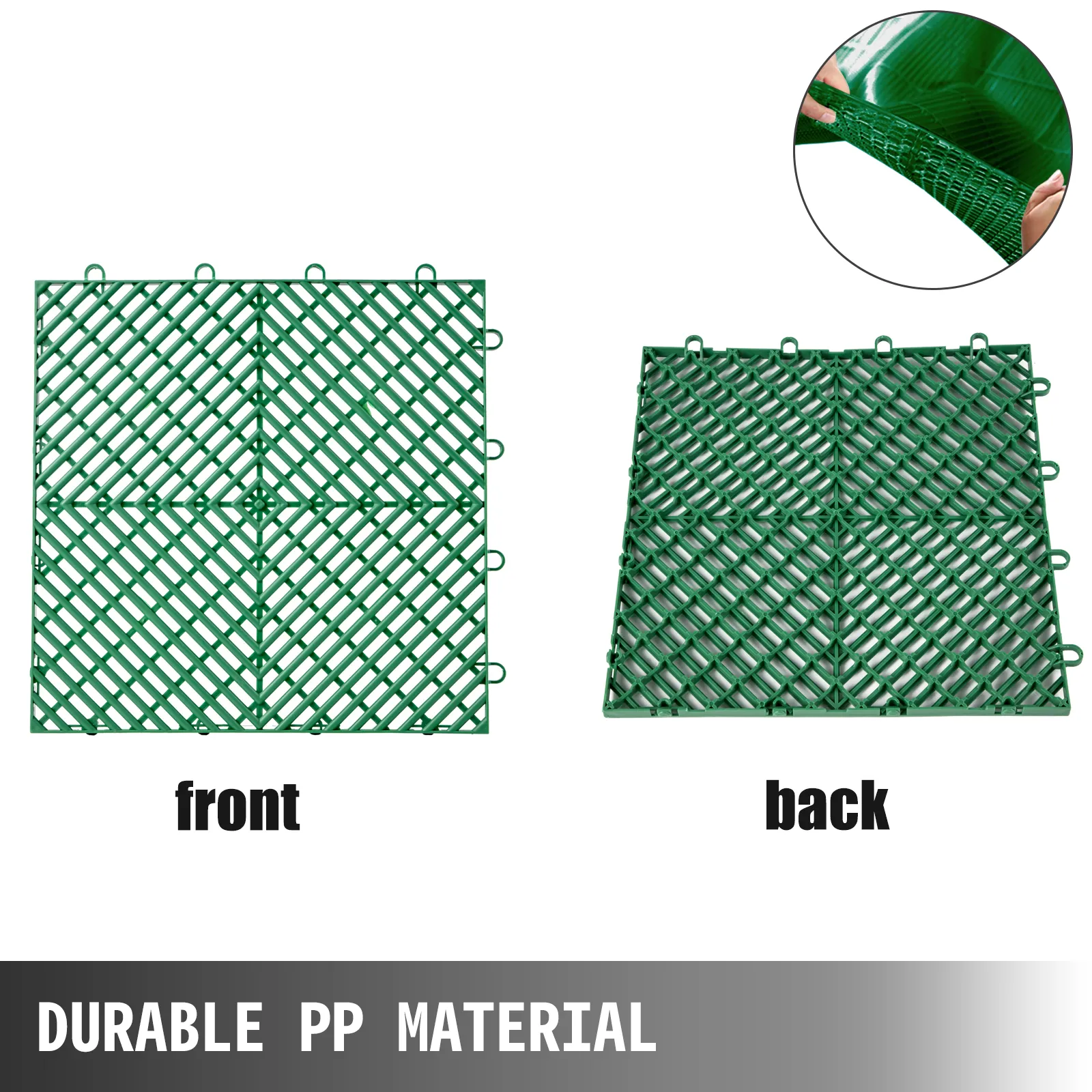Vista frontal y posterior de baldosas de cubierta entrelazadas VEVOR con material pp duradero.
