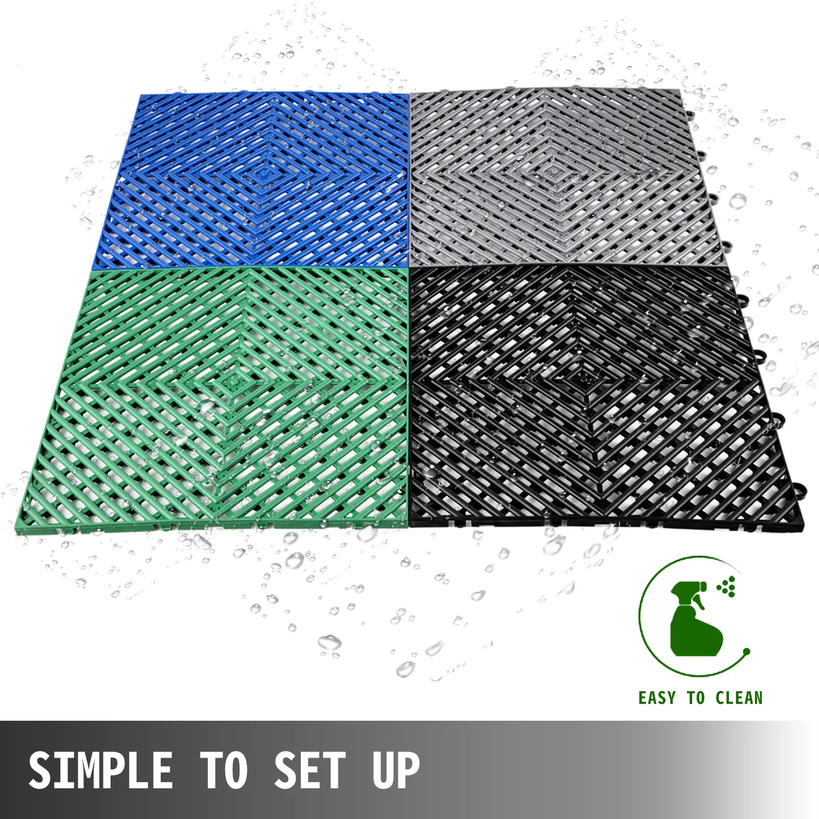 Azulejos de terraza entrelazados VEVOR en azul, gris, verde y negro, fáciles de limpiar y colocar.