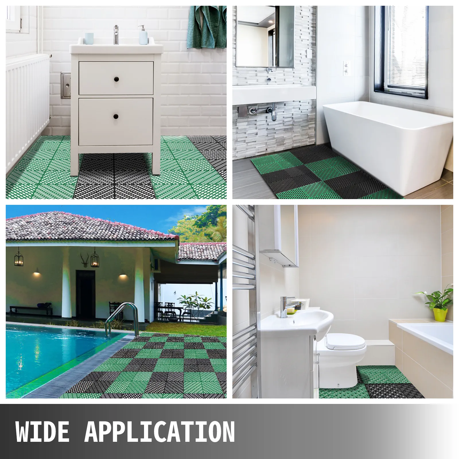 Azulejos de cubierta entrelazados VEVOR en entornos de baños y piscinas para una amplia variedad de aplicaciones.