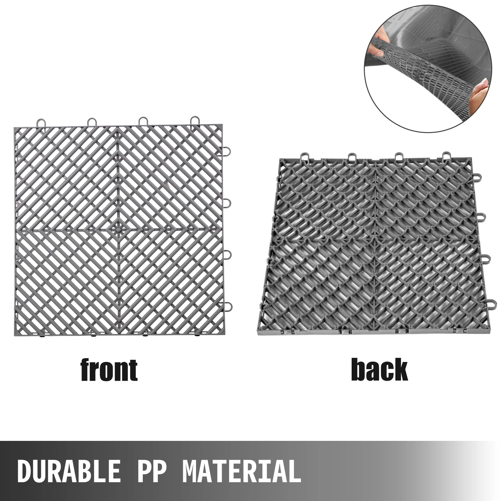 Vista frontal y posterior de las baldosas entrelazadas VEVOR que muestran material PP duradero.