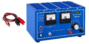 Rectificador chapado en joyería VEVOR azul con diales y cables sobre fondo blanco.