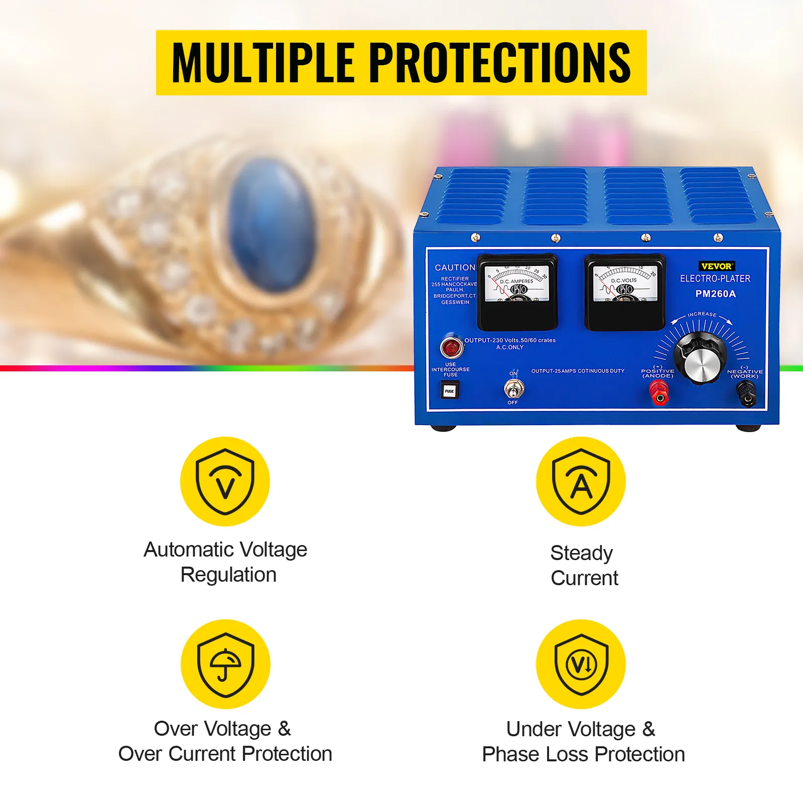 Rectificador de chapado de joyería VEVOR con múltiples protecciones, unidad azul, primer plano del anillo.