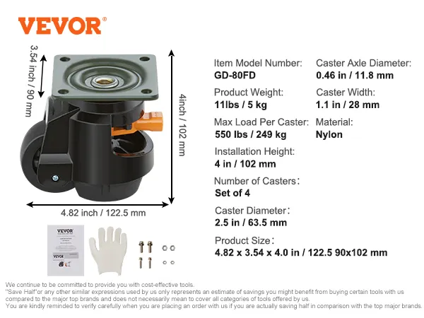 VEVOR leveling casters with measurements, specs, and components displayed. model: gd-80fd.