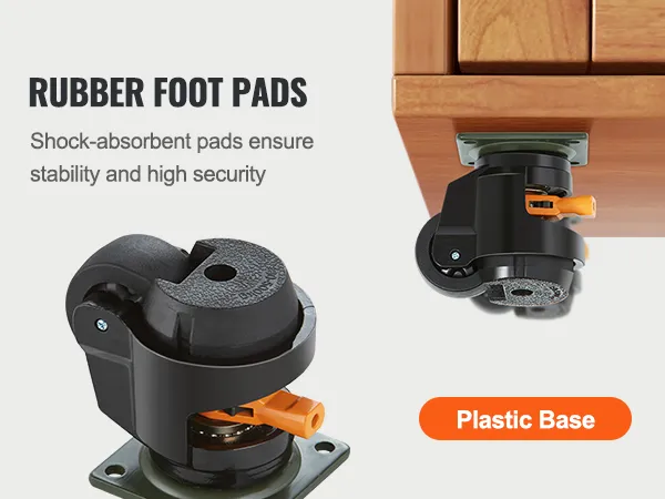 VEVOR leveling casters with rubber foot pads and a plastic base, ensuring stability and security.