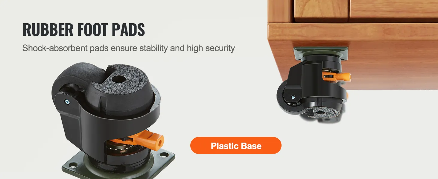 VEVOR leveling casters with rubber foot pads and a plastic base, ensuring stability and security.