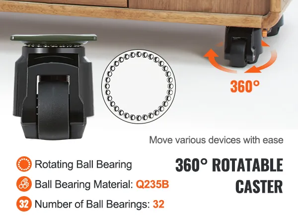360° rotatable caster beneath wooden cabinet, highlighting rotating ball bearing and q235b material.