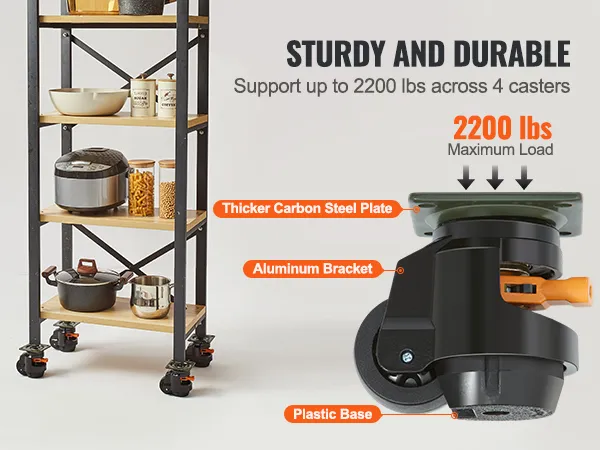 VEVOR leveling casters support 2200 lbs on a shelving unit with thicker carbon steel plate and aluminum bracket.