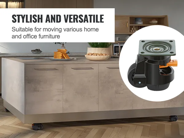 VEVOR leveling casters under kitchen island, highlighting stylish and versatile for home and office use.