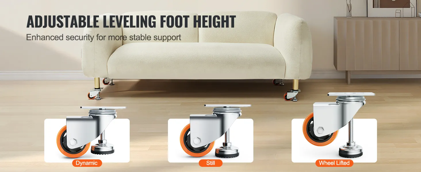 adjustable leveling foot height on sofa featuring VEVOR leveling casters for enhanced stability and support.