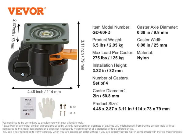 Set di ruote livellanti nere VEVOR, portata 275 libbre, diametro 2 pollici, 4,48 x 2,87 x 3,11 pollici.