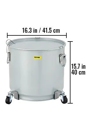 Cubo recogegrasa para freidora VEVOR con 16,3 pulgadas de diámetro, 15,7 pulgadas de altura y ruedas para facilitar su movilidad.