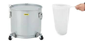 Cubo de grasa para freidora VEVOR con filtro, acero inoxidable y ruedas giratorias para uso en cocina.