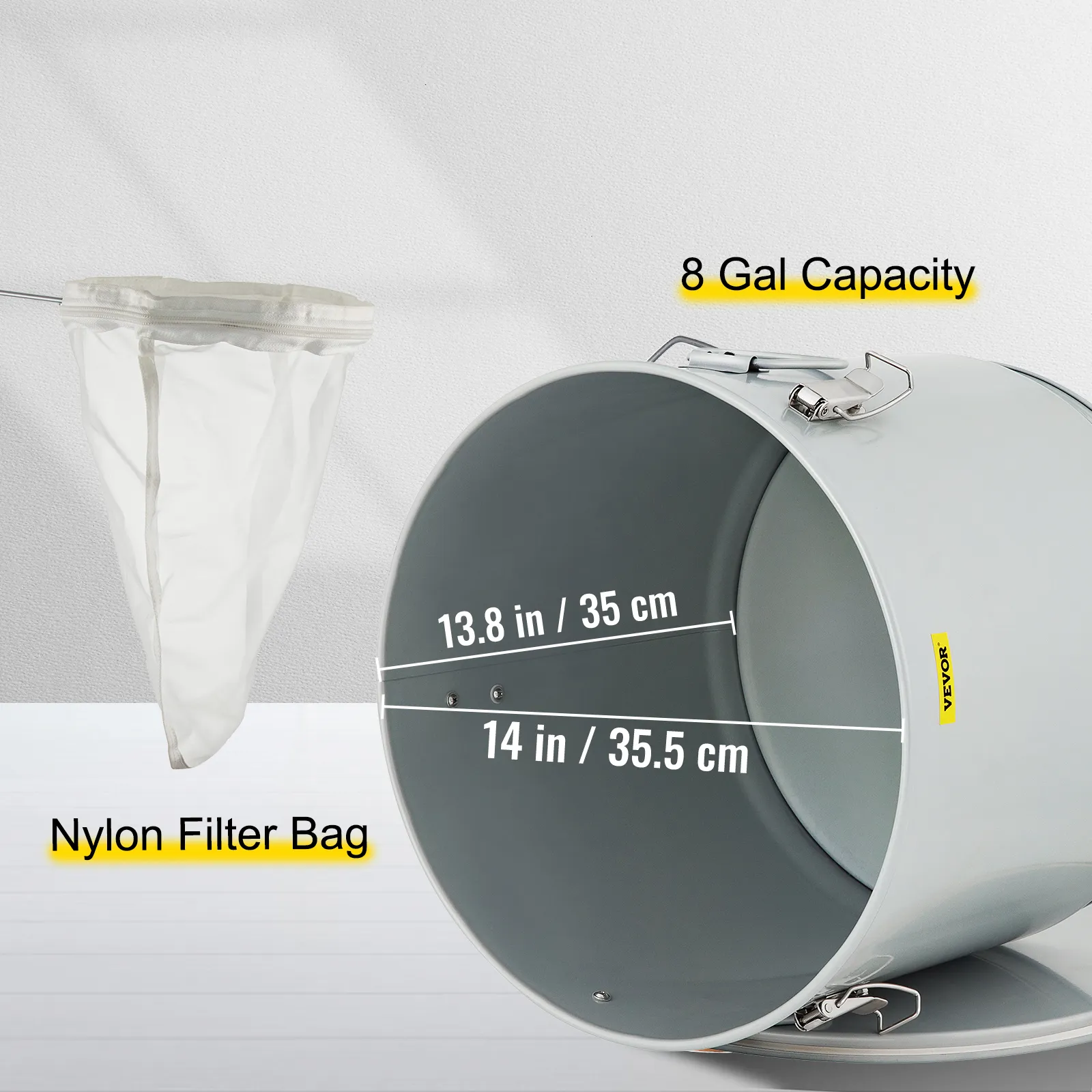 Cubo para grasa de freidora VEVOR, capacidad de 8 galones, 13,8 pulgadas de diámetro, con bolsa de filtro de nailon.
