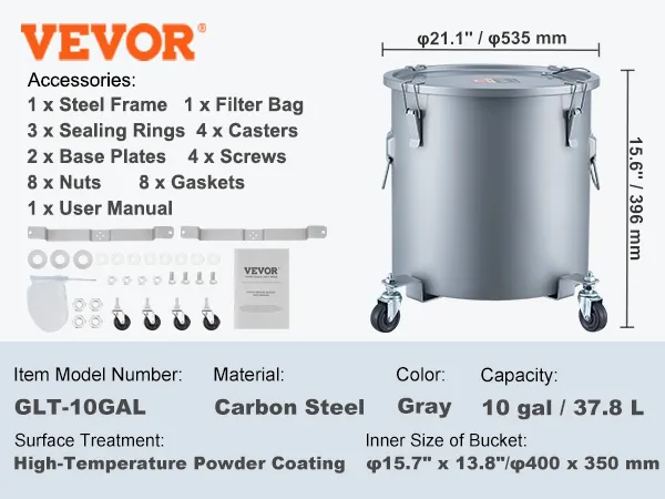 Cubo para grasa de freidora VEVOR, capacidad de 10 galones, gris, con accesorios que incluyen bolsa de filtro, ruedas y tornillos.