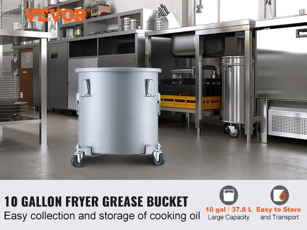 Cubo de grasa para freidora VEVOR en una cocina comercial para facilitar el almacenamiento y transporte del aceite de cocina.