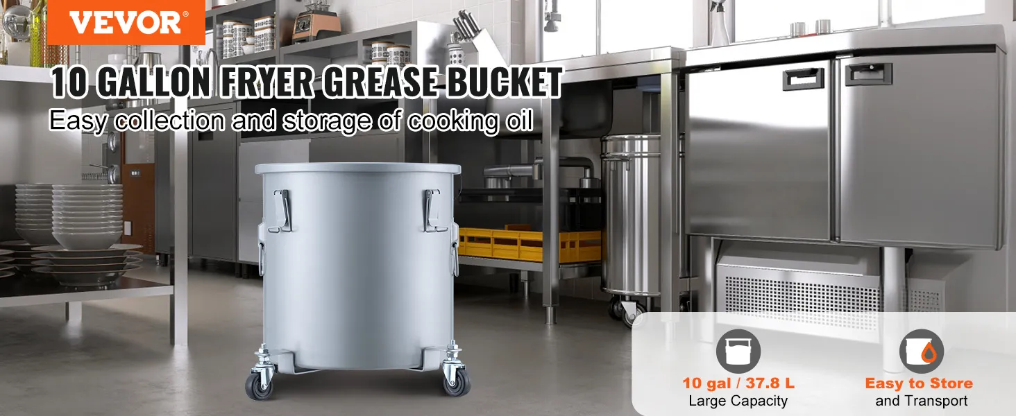 Cubo de grasa para freidora VEVOR en una cocina comercial para facilitar el almacenamiento y transporte del aceite de cocina.