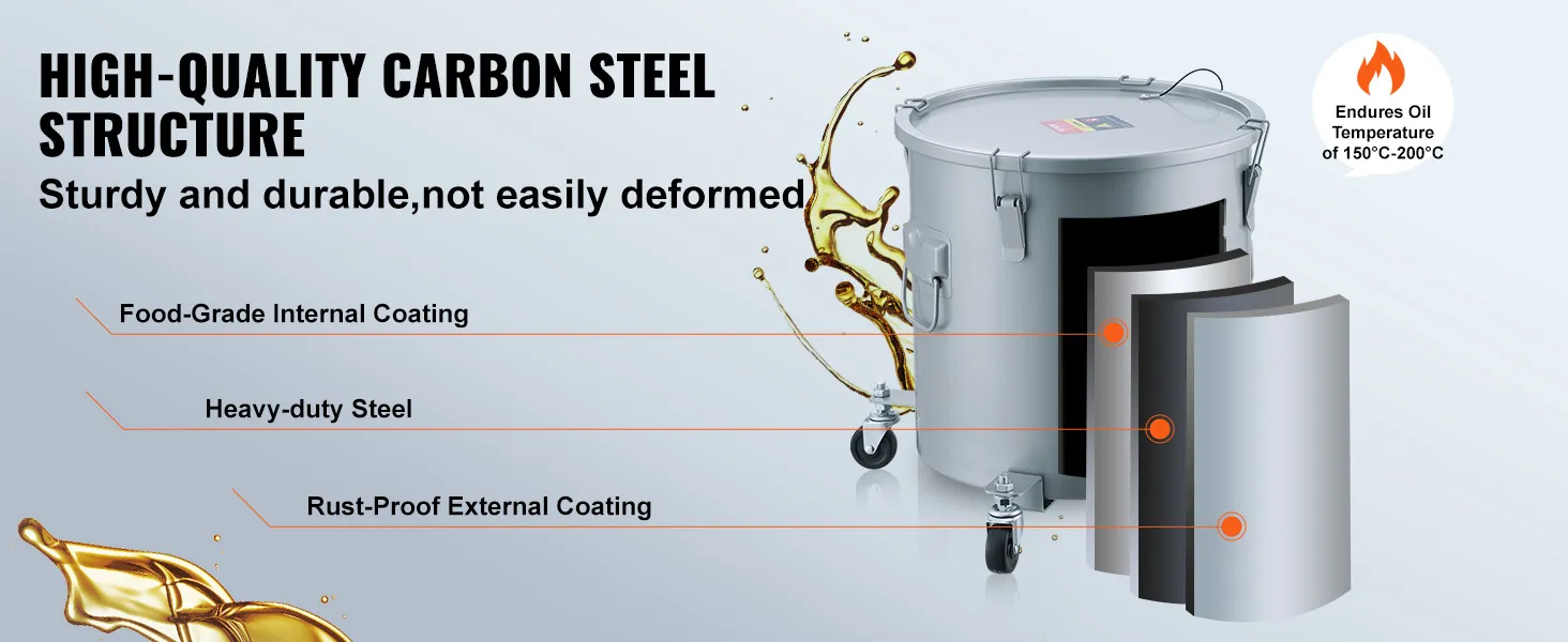 Cubo de grasa para freidora VEVOR de acero al carbono de alta calidad con revestimiento de grado alimenticio y capa externa a prueba de óxido.