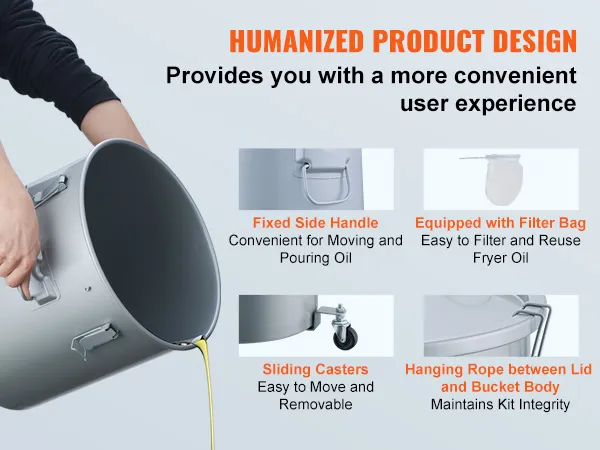Cubo de grasa para freidora VEVOR de diseño humanizado con asa lateral fija, bolsa de filtro y ruedas deslizantes.
