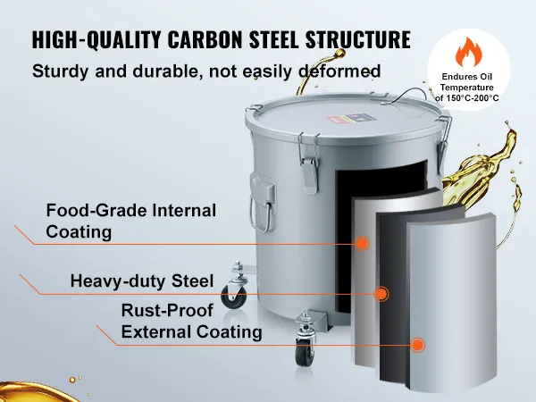 Cubo de grasa para freidora VEVOR, estructura resistente de acero al carbono con revestimiento interno de calidad alimentaria y acabado a prueba de óxido