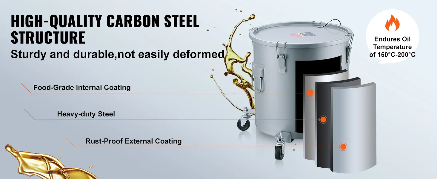 Cubo de grasa para freidora VEVOR, estructura resistente de acero al carbono con revestimiento interno de calidad alimentaria y acabado a prueba de óxido