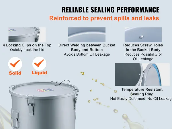Cubo de grasa para freidora VEVOR con clips de sellado, anillo de sellado resistente a la temperatura y fondo soldado.