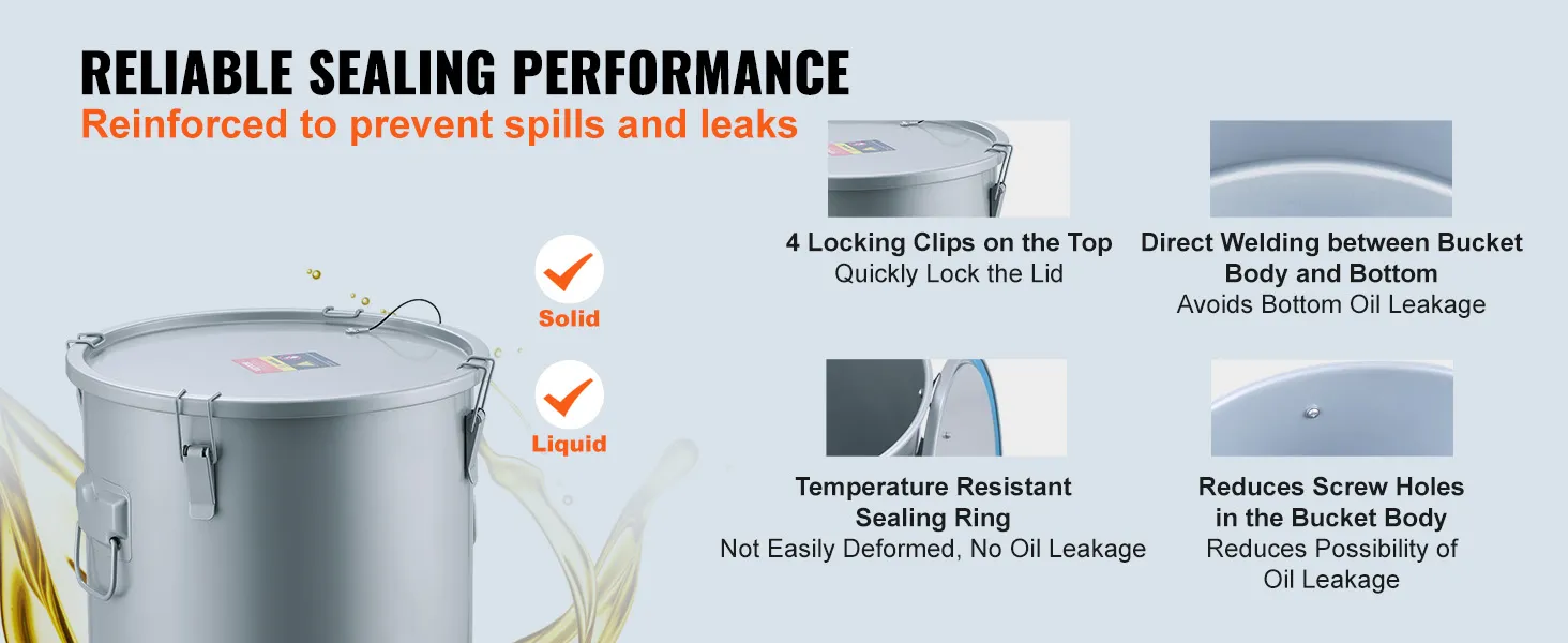 Cubo de grasa para freidora VEVOR con clips de sellado, anillo de sellado resistente a la temperatura y fondo soldado.