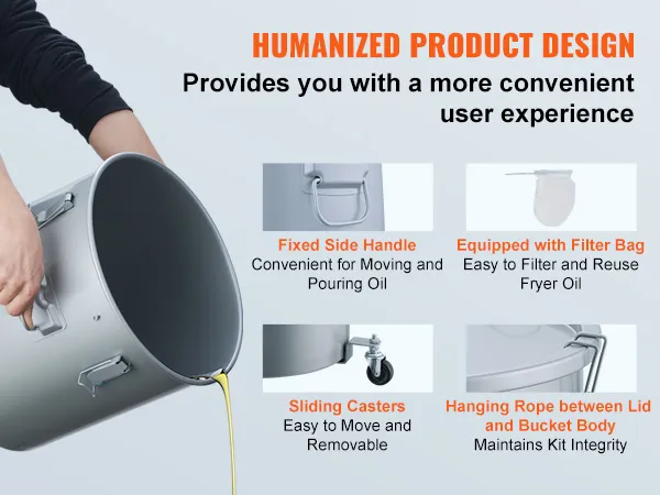 mano humana sosteniendo un cubo de grasa para freidora VEVOR con asa lateral, ruedas giratorias y bolsa de filtro.