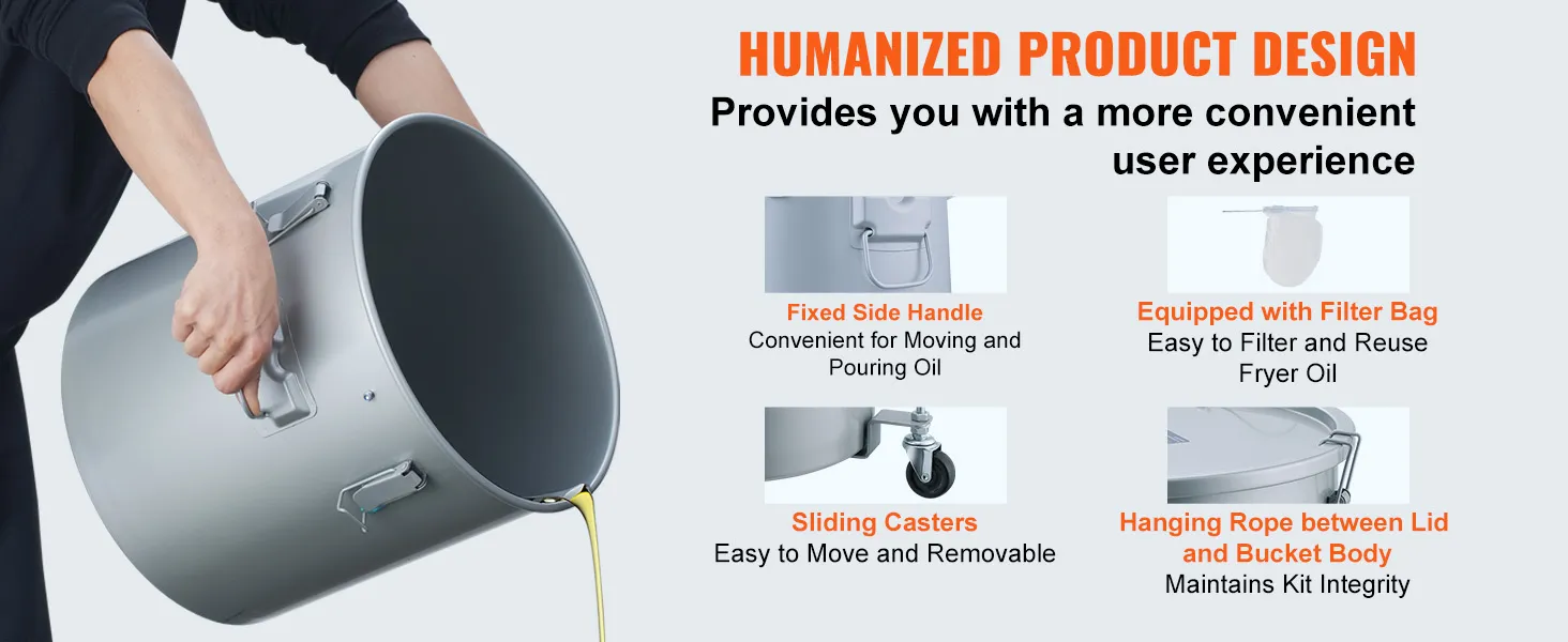 mano humana sosteniendo un cubo de grasa para freidora VEVOR con asa lateral, ruedas giratorias y bolsa de filtro.