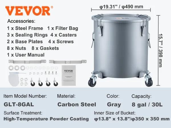 Cubo de grasa para freidora VEVOR glt-8gal, acero al carbono, capacidad de 8 galones, incluye accesorios, gris.