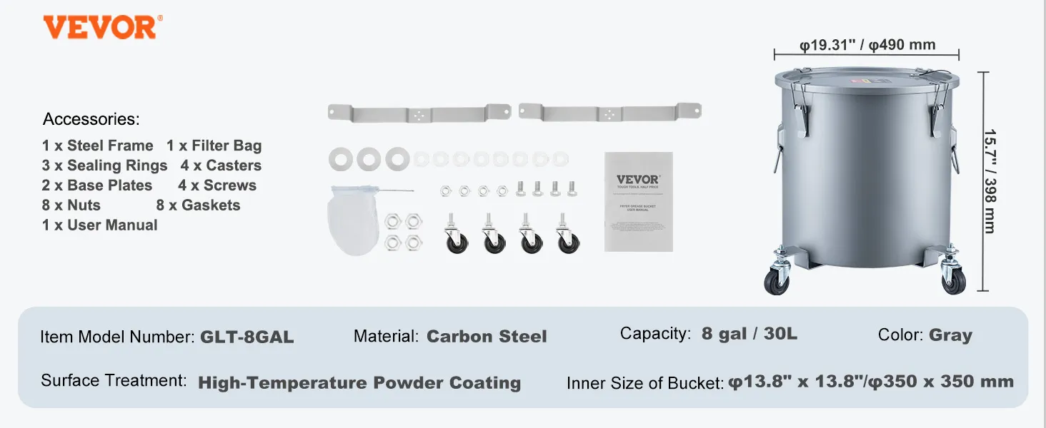 Cubo de grasa para freidora VEVOR glt-8gal, acero al carbono, capacidad de 8 galones, incluye accesorios, gris.