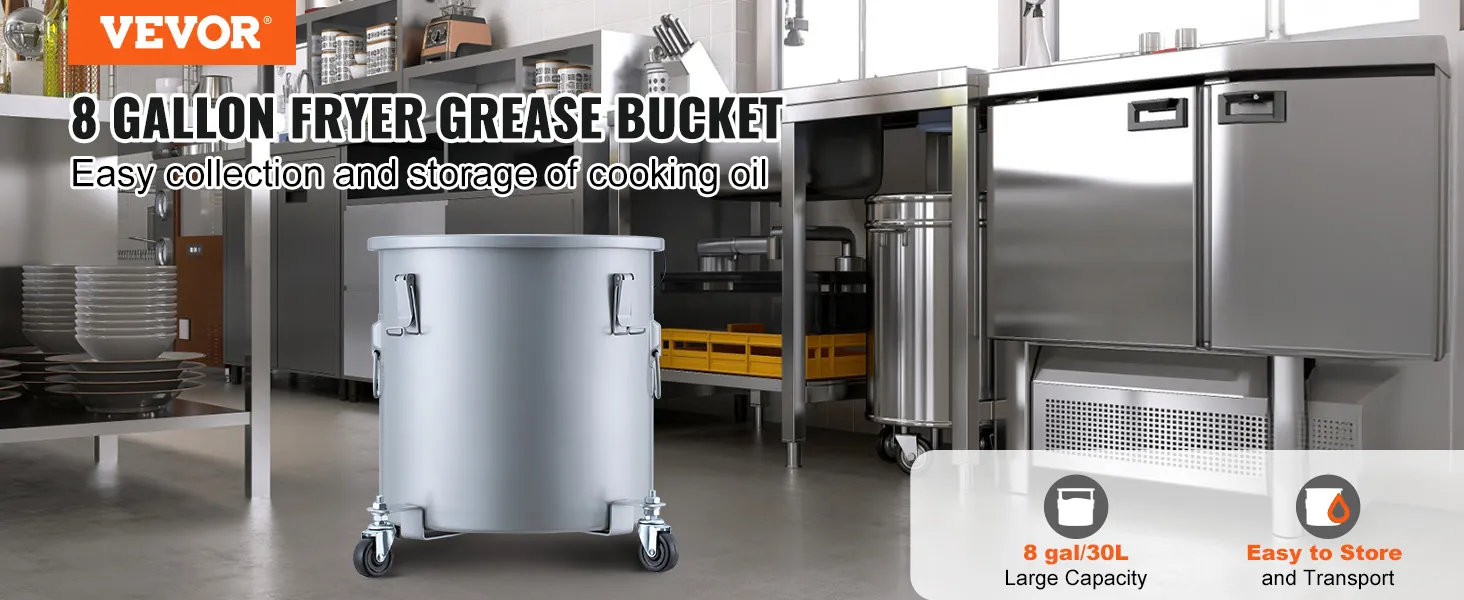 Cubo de grasa para freidora VEVOR en una elegante cocina de acero inoxidable, ideal para recolectar y almacenar aceite fácilmente.
