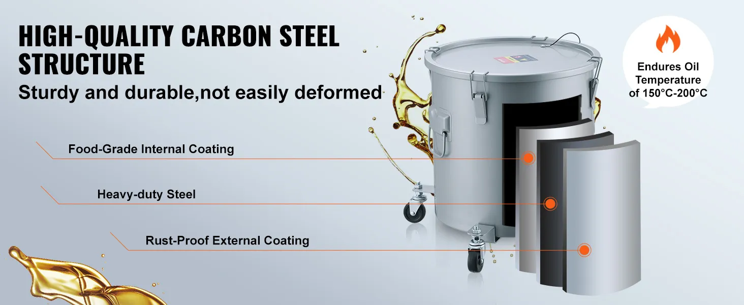 Cubo de grasa para freidora VEVOR: acero al carbono de alta calidad, revestimiento de grado alimenticio, a prueba de óxido, soporta entre 150 ° C y 200 ° C.