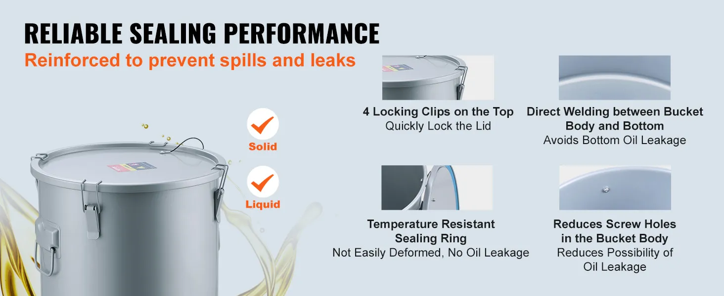 Cubo de grasa para freidora VEVOR con 4 clips de bloqueo, sellado reforzado, diseño a prueba de fugas y sin orificios para tornillos.