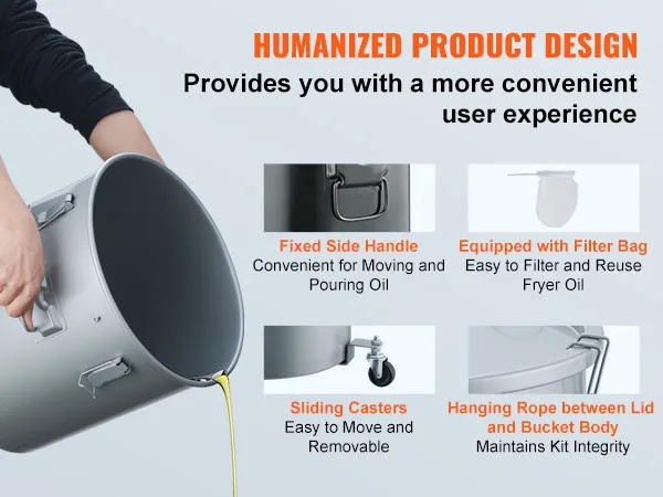 Cubo para grasa de freidora VEVOR con bolsa filtrante, asa lateral fija, ruedas deslizantes y cuerda para colgar la tapa.