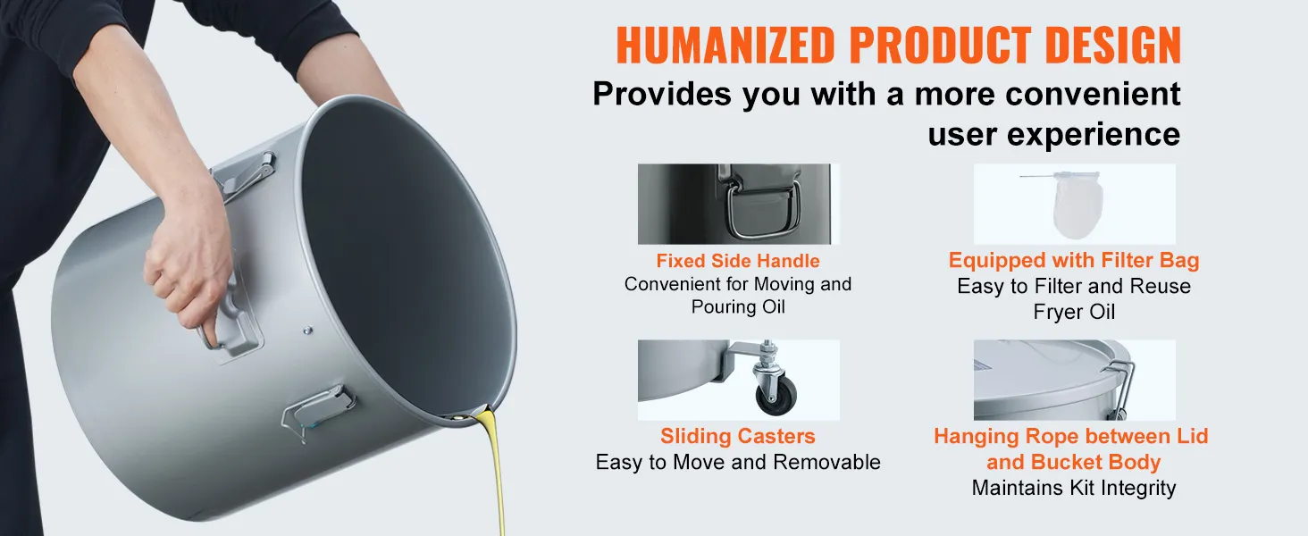 Cubo para grasa de freidora VEVOR con bolsa filtrante, asa lateral fija, ruedas deslizantes y cuerda para colgar la tapa.