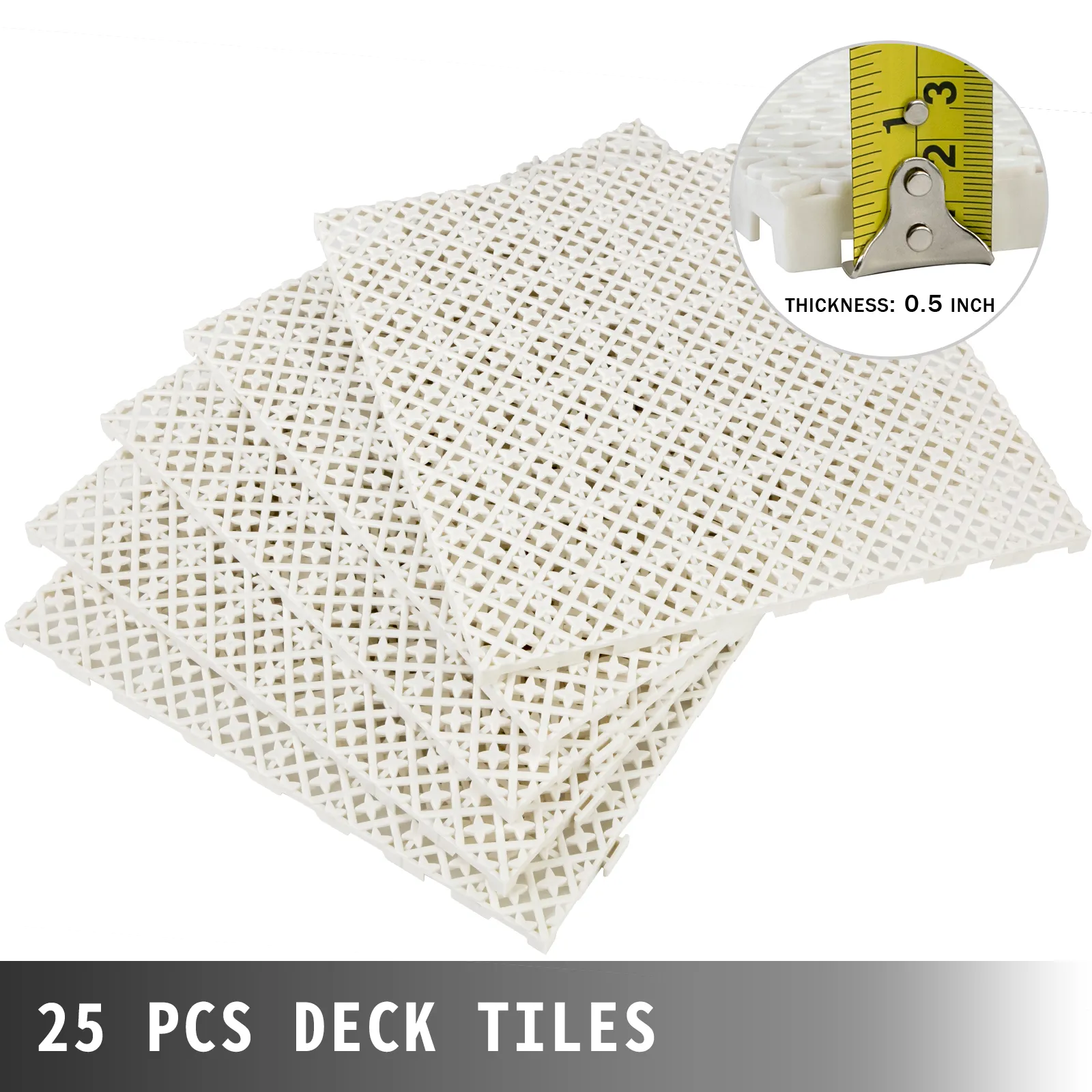 Azulejos de drenaje VEVOR blancos apilados con una medida de espesor resaltada de 0,5 pulgadas.