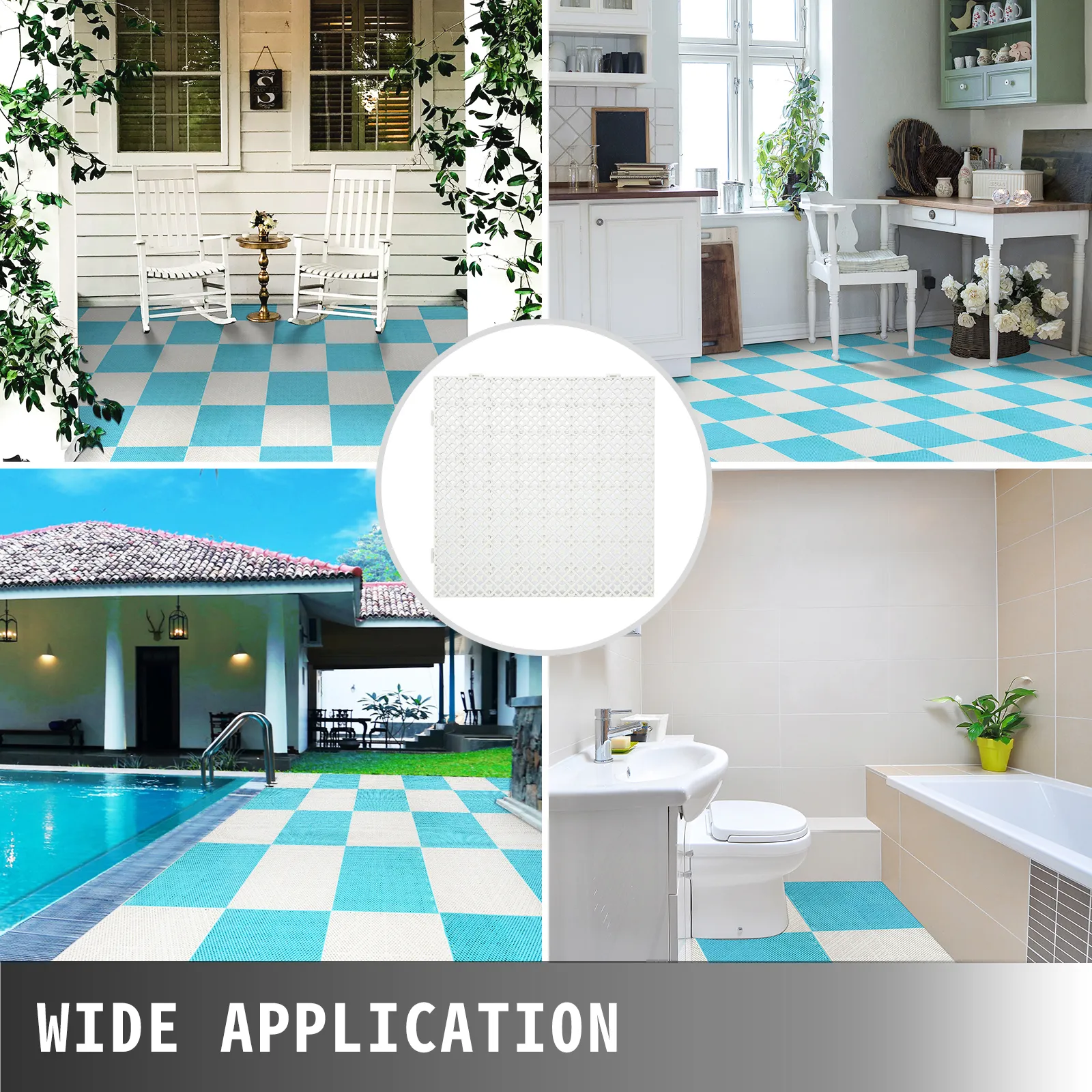 Baldosas de drenaje VEVOR utilizadas en aplicaciones interiores y exteriores de viviendas, incluidos patios y piscinas.