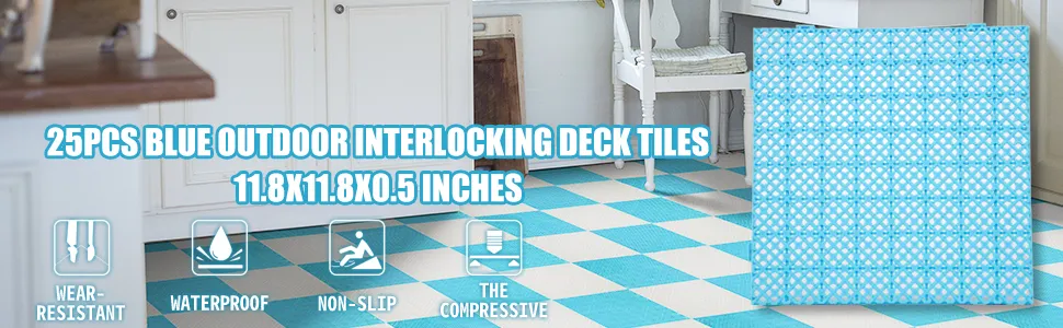 VEVOR drainage tiles: 25pcs blue outdoor interlocking deck tiles, 11.8x11.8x0.5 inches.